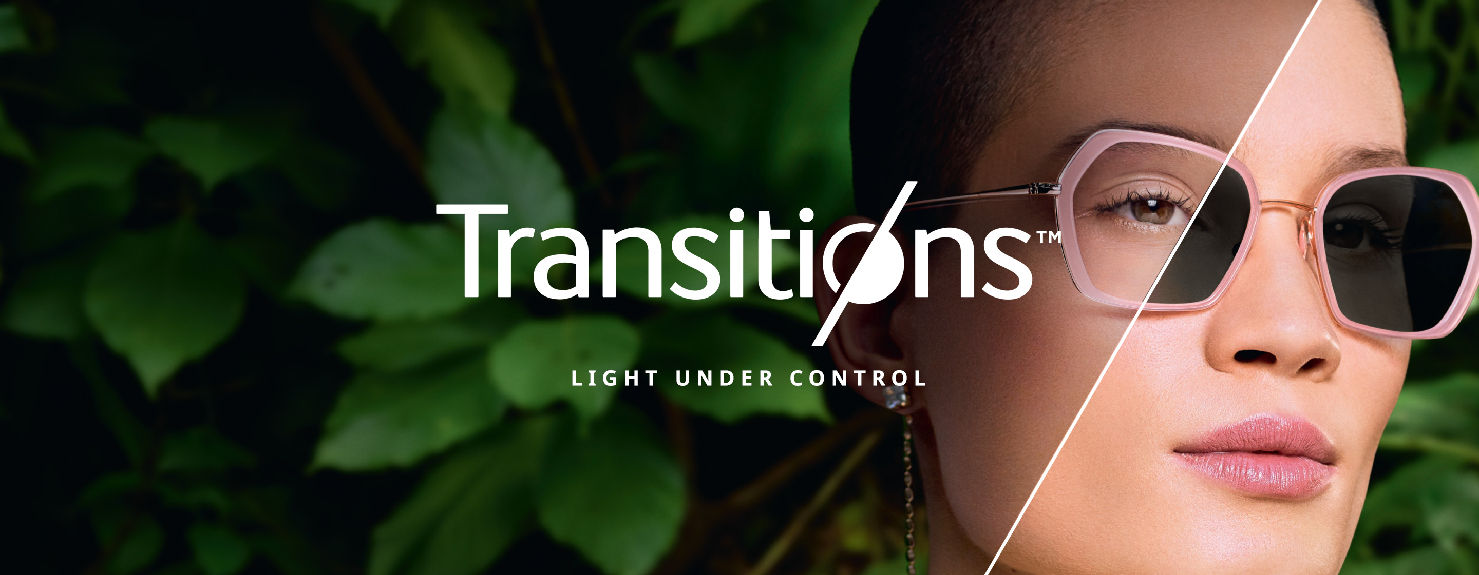 woman wearing Transitions showing dark on one side and light on the other